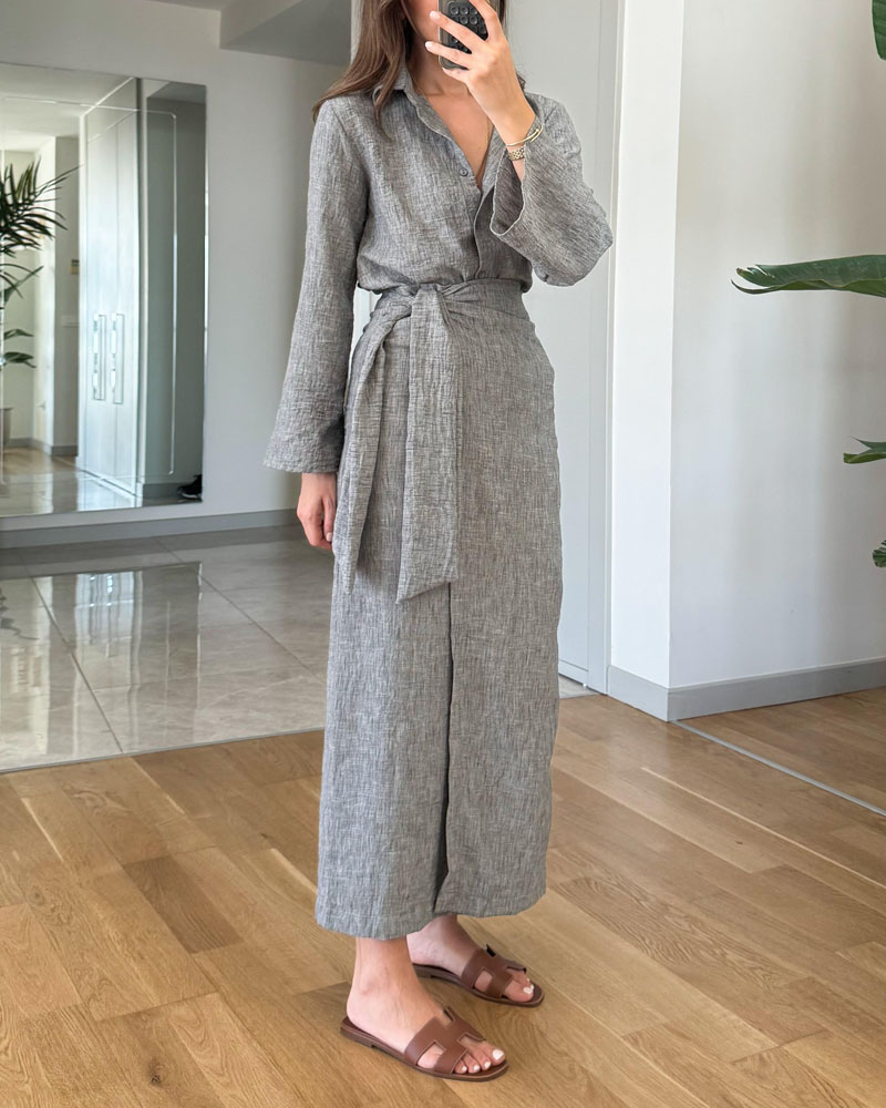 Ensemble deux pièces chemise à revers décontractée et jupe à lacets