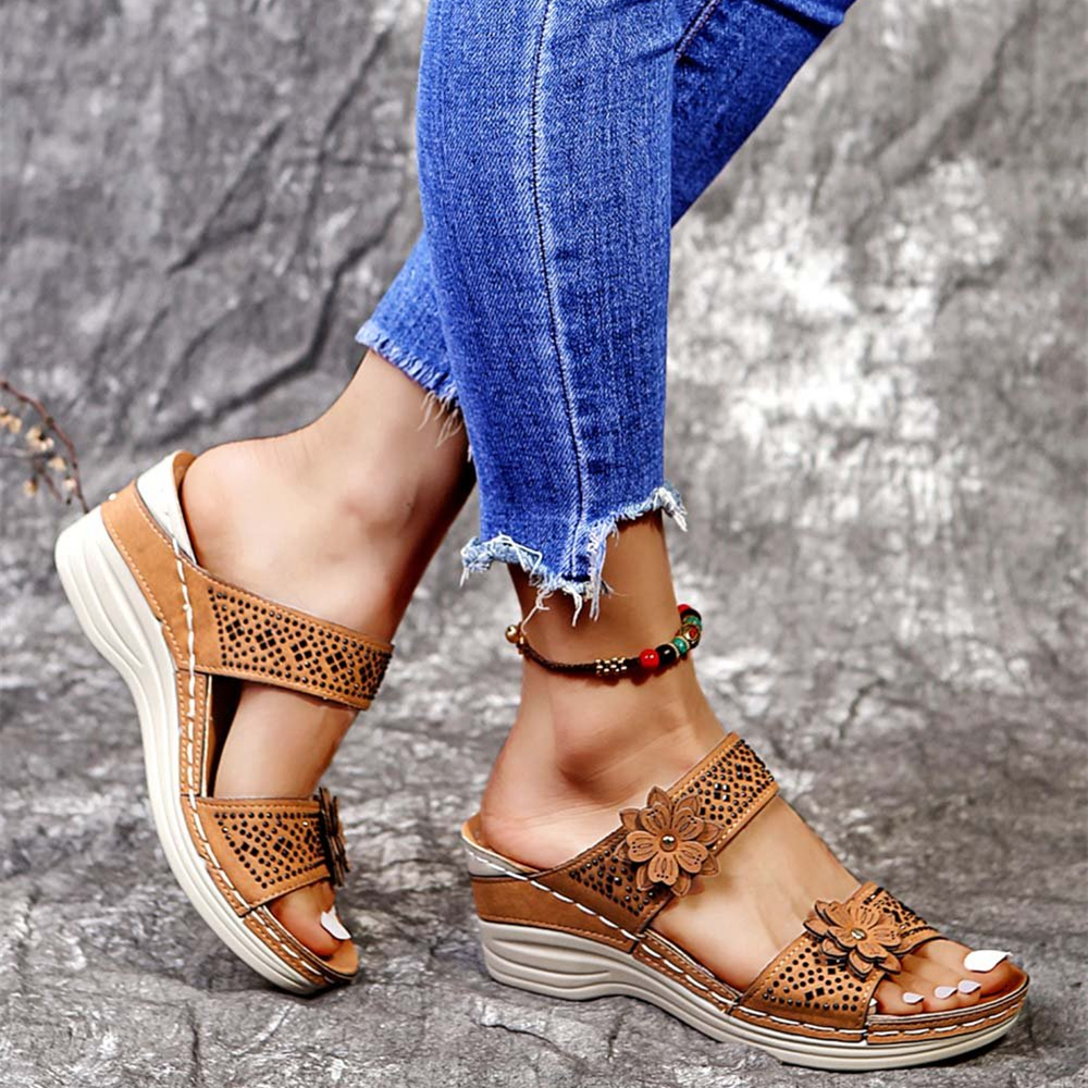 Sandale compensée orthopédique à semelle souple pour femme, avec soutien de la voûte plantaire et motif floral