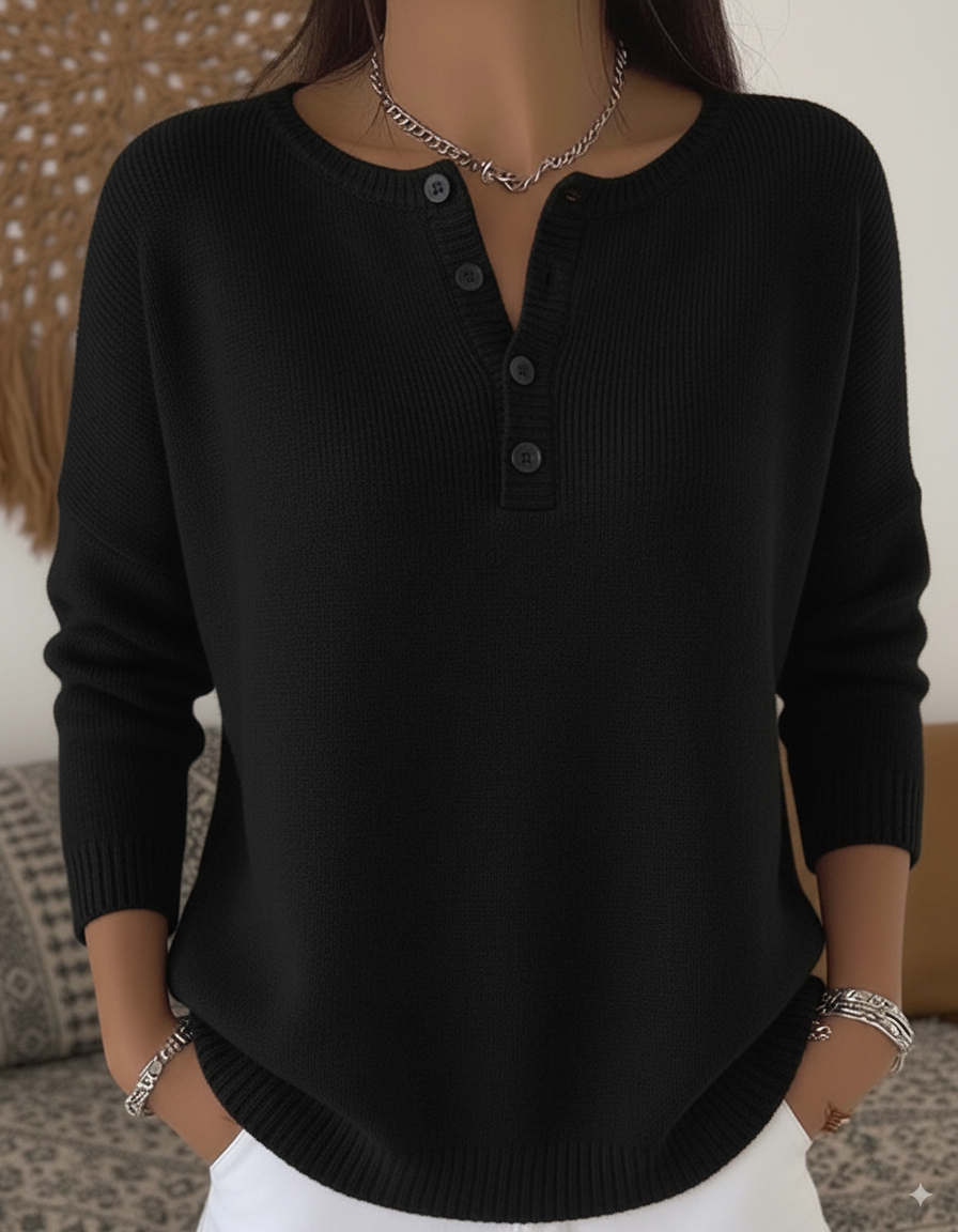 Haut pull pour femme à col Henley, de couleur unie et en matière douce.