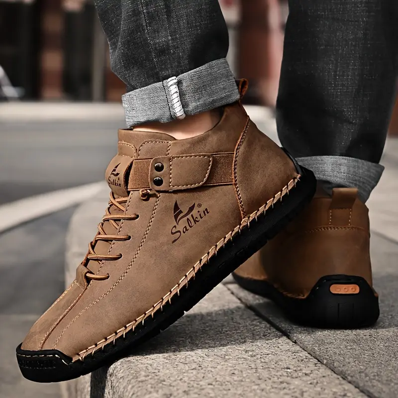 Men's Plus Size Handmade Stitching Casual Boots - Olive Green, Durable Synthetic Upper & Rubber Sole, Comfortable Outdoor & Hiking Shoes with Hook-and-Loop Closure, Hiking Boots details 2