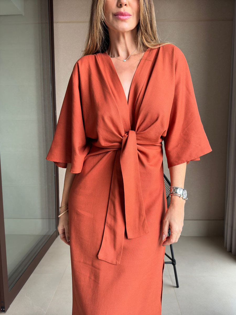 Robe décontractée à lacets en coton et lin à col en V