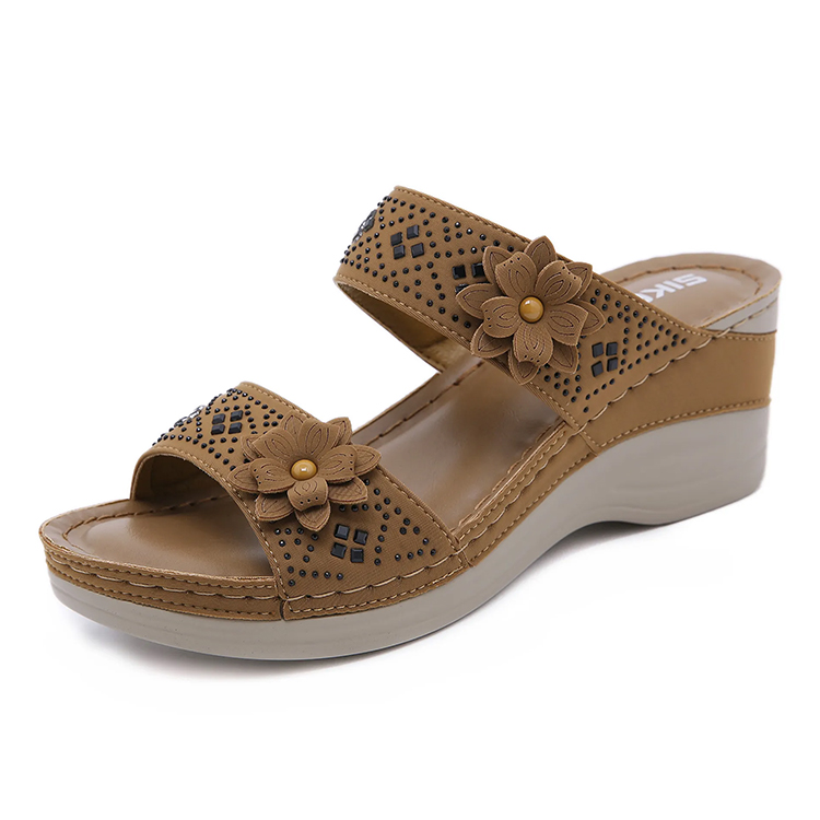 Sandale compensée orthopédique à semelle souple pour femme, avec soutien de la voûte plantaire et motif floral