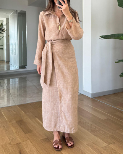 Ensemble deux pièces chemise à revers décontractée et jupe à lacets