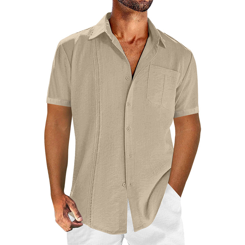 Chemise courte à manches pour homme en lin et coton, couleur unie et décontractée