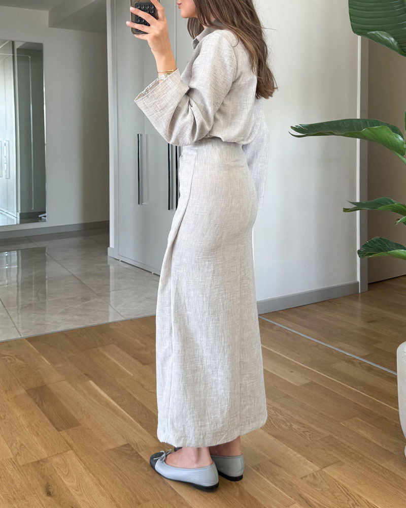 Ensemble deux pièces chemise à revers décontractée et jupe à lacets