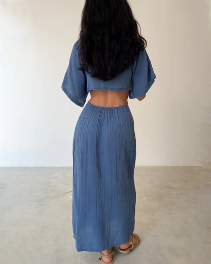 Robe en coton et lin à lacets et taille exposée