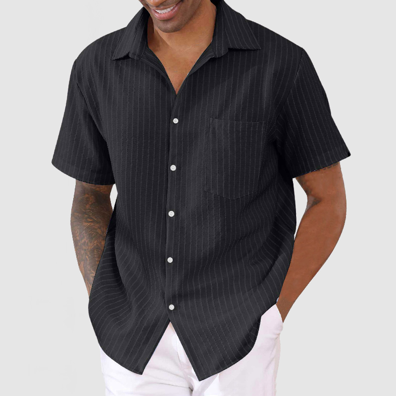 Chemise courte à manches pour homme en coton et lin rayée décontractée