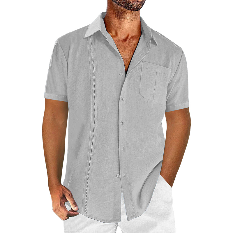 Chemise courte à manches pour homme en lin et coton, couleur unie et décontractée