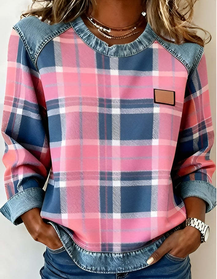 🔥 Sweat-shirt décontracté pour femme à col rond et empiècements en jean