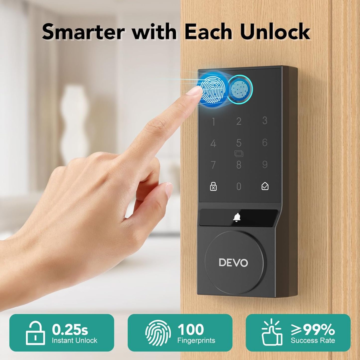 Devo 6 in 1 Fingerprint Smart Lock with Doorbell, Built-in Wi-Fi G3