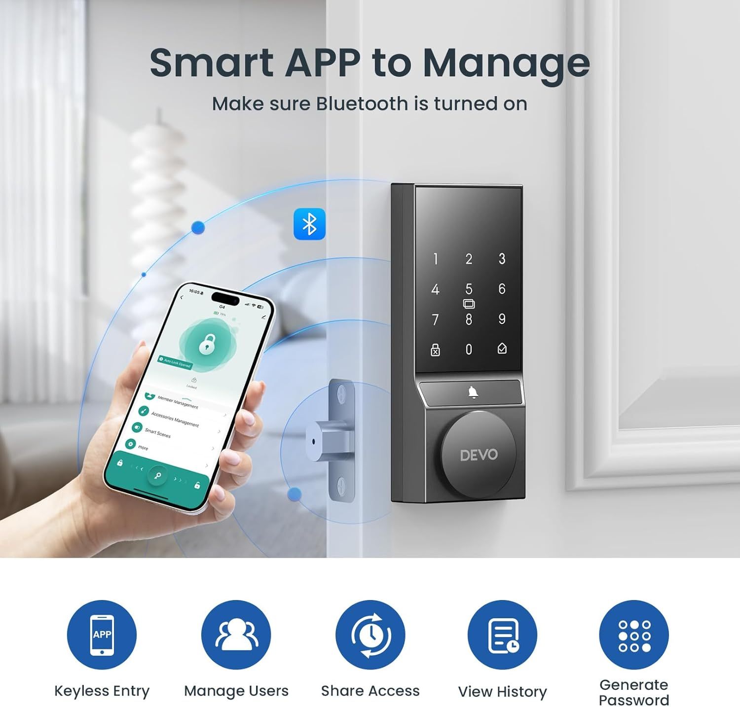 Devo 4 in 1 Passcode Smart Door Lock with Doorbell&Bluetooth G4