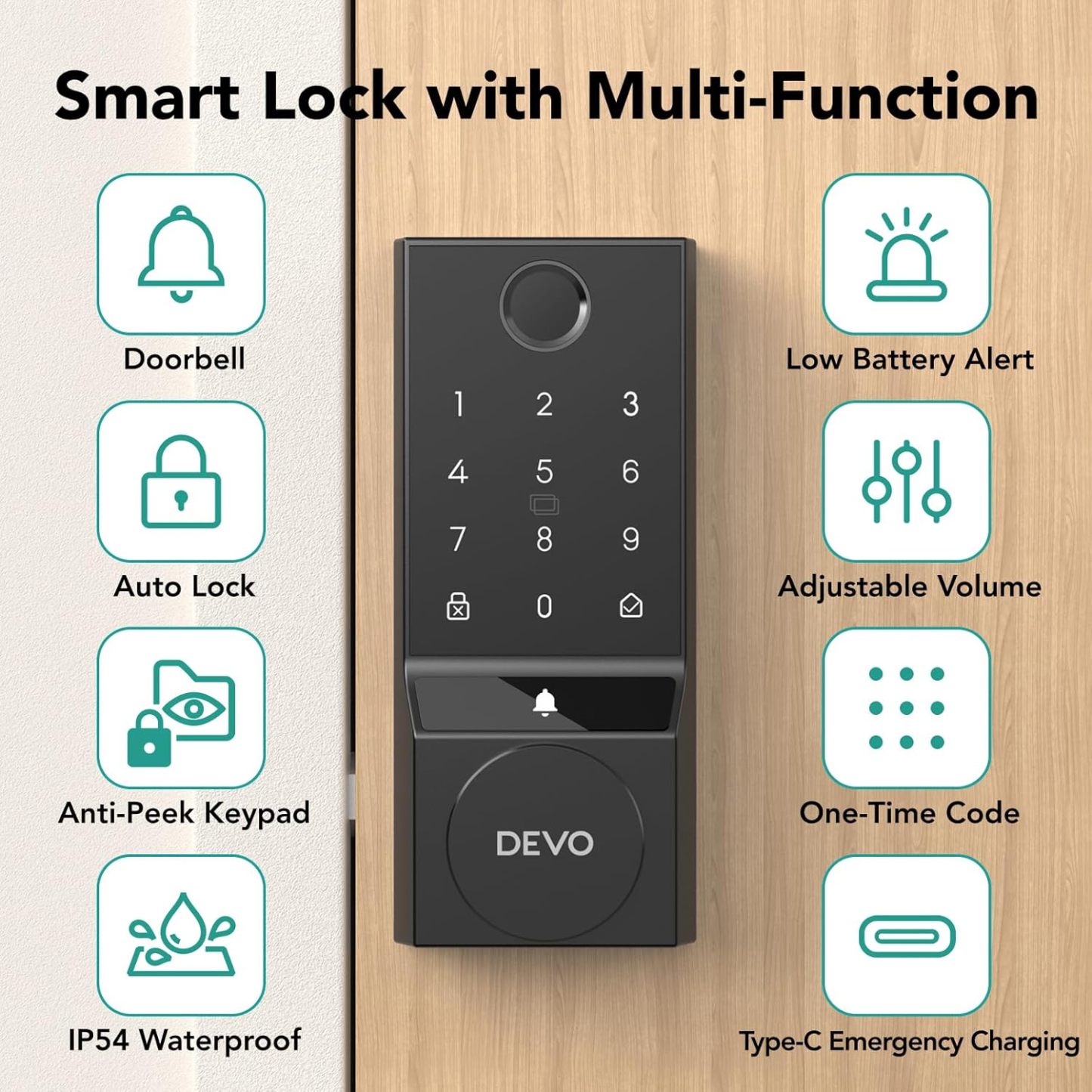 Devo 6 in 1 Fingerprint Smart Lock with Doorbell, Built-in Wi-Fi G3