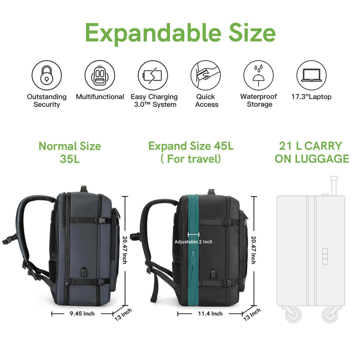 Kingsonsr 45L Large Capacity Travel Backpack Expand Size- ks3264-B