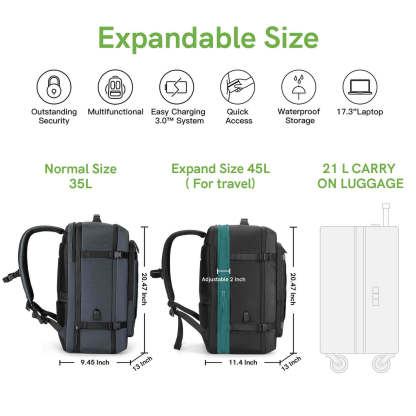 Kingsonsr 45L Large Capacity Travel Backpack Expand Size- ks3264-B