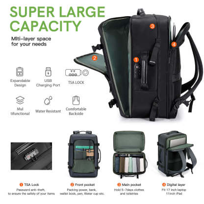 Kingsonsr 45L Large Capacity Travel Backpack Expand Size- ks3264-B
