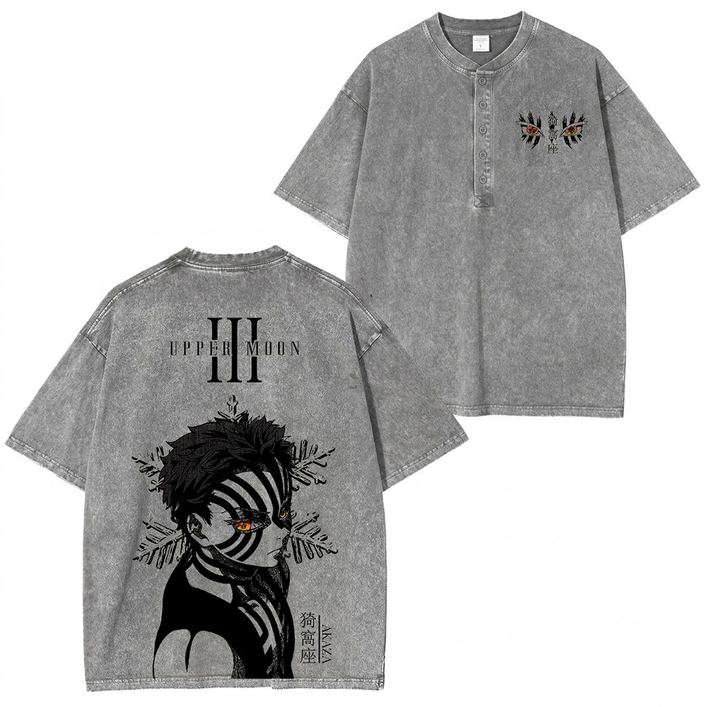 Akaza,Demon Slayer Vintage-Wash Henley Tee