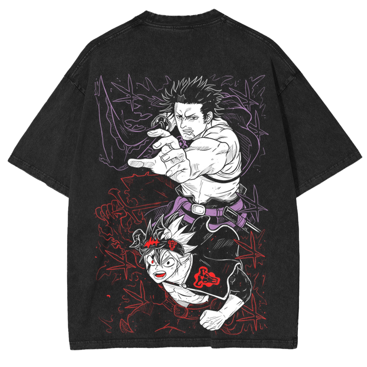 Asta Yuno Black Clover Anime Double Printed Vintage Washed Tee Unisex