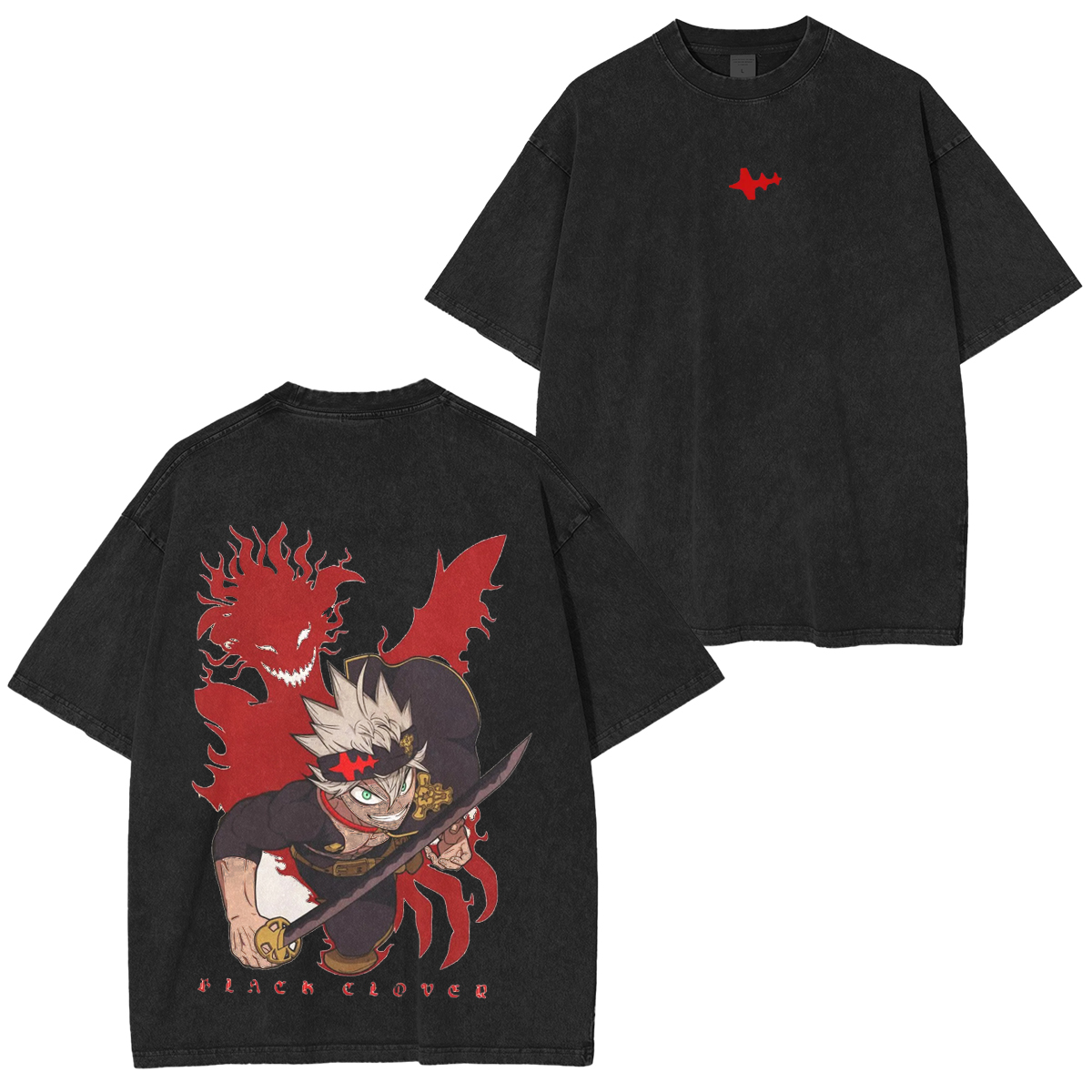 Asta and Liebe Design Black Clover Anime Double Printed Vintage Washed Tee Unisex