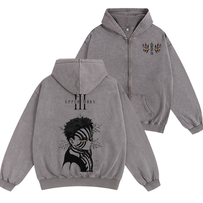 Akaza,Demon Slayer Unisex Washed Zip Up Hoodie