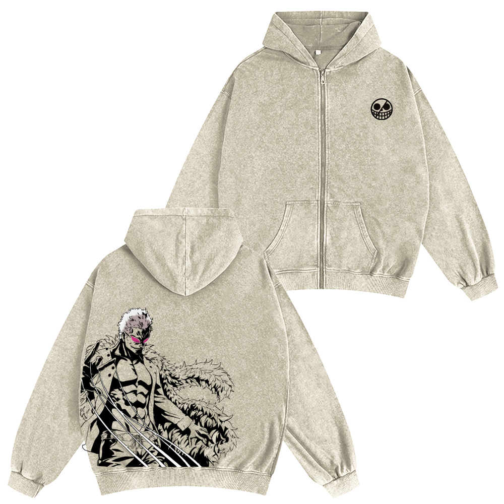 One Piece Doflamingo Unisex Washed Zip Up Hoodie
