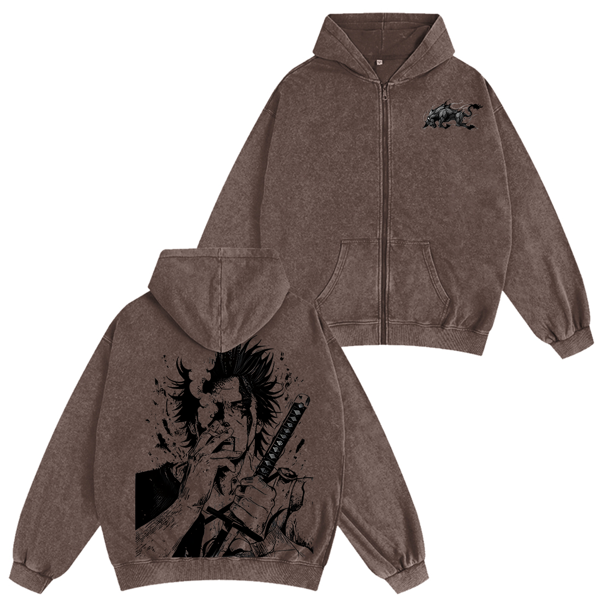 Yami Sukehiro x Black Bulls Black Clover Anime Double Printed Vintag Unisex Washed Zip Up Hoodie