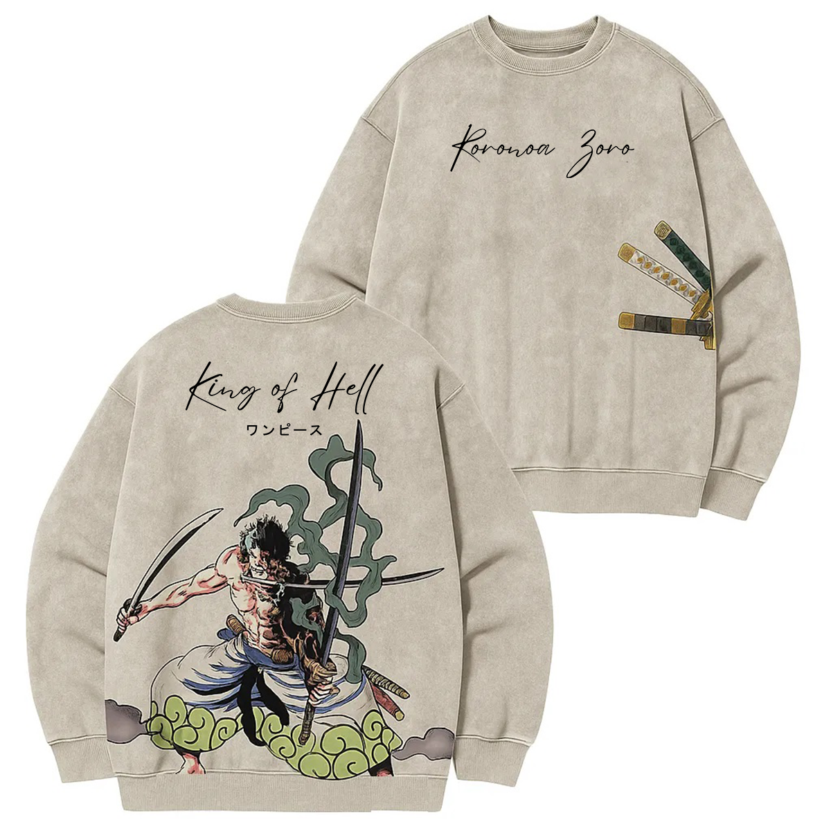 One Piece Roronoa Zoro Vintage Washed Pullover Crew Neck Sweatshirt