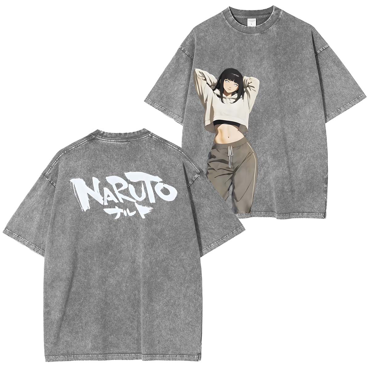 Hinata x Naruto Anime Double Printed Vintage Washed Tee