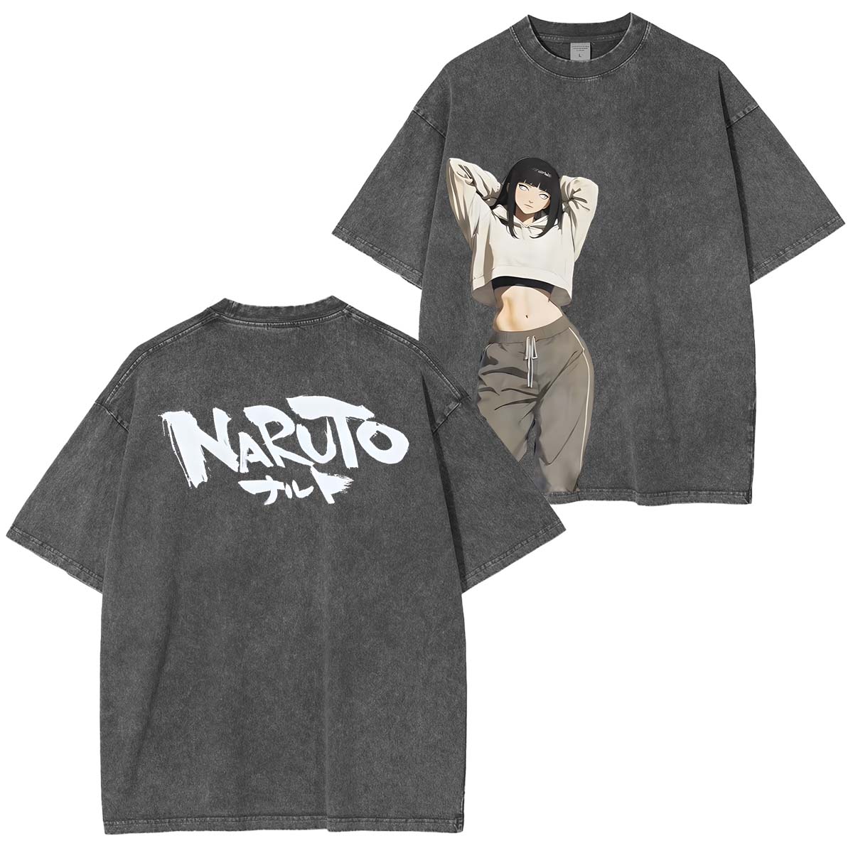 Hinata x Naruto Anime Double Printed Vintage Washed Tee