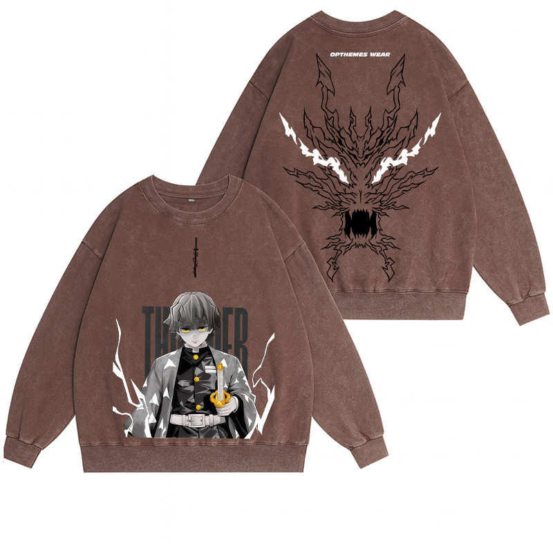 Zenitsu Demon Slayer Vintage Washed Pullover Crew Neck Sweatshirt