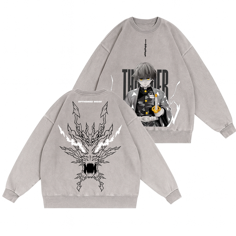 Zenitsu Demon Slayer Vintage Washed Pullover Crew Neck Sweatshirt