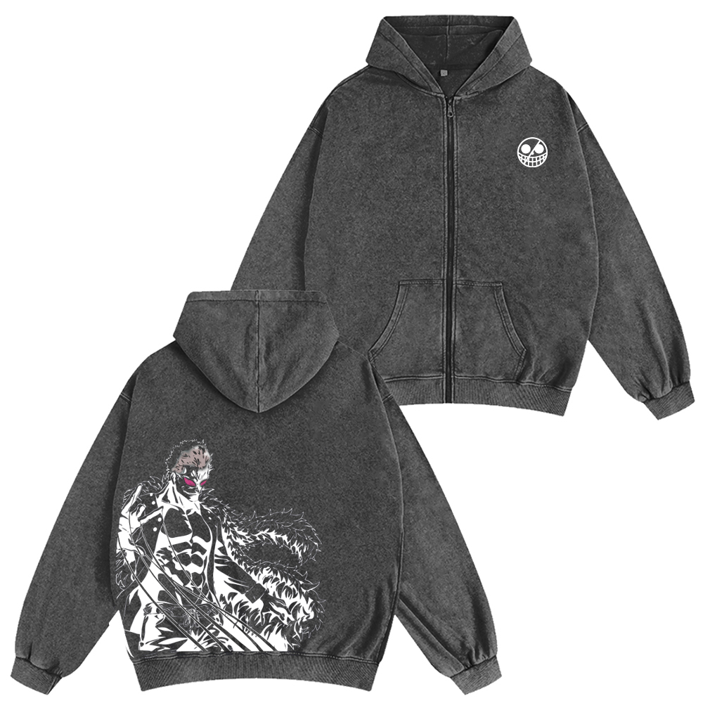 One Piece Doflamingo Unisex Washed Zip Up Hoodie