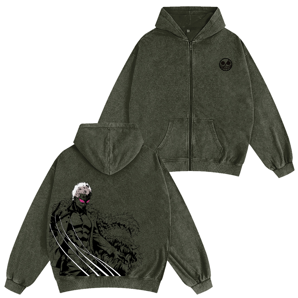 One Piece Doflamingo Unisex Washed Zip Up Hoodie