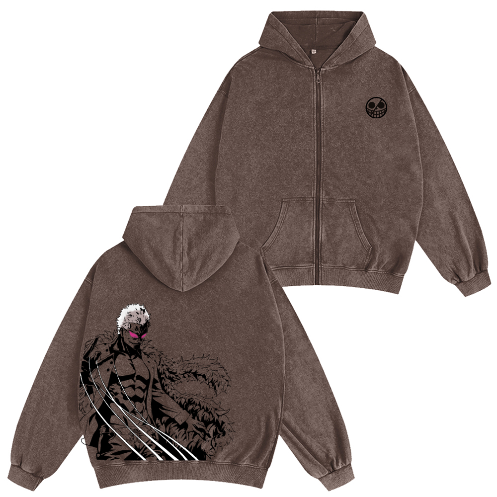 One Piece Doflamingo Unisex Washed Zip Up Hoodie