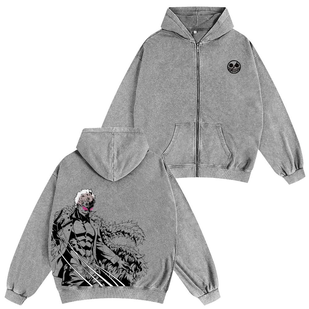 One Piece Doflamingo Unisex Washed Zip Up Hoodie