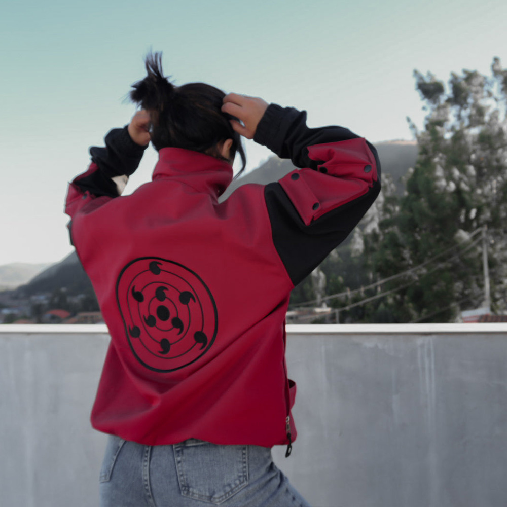 Naruto Uchiha Clan Color Block Tactical Jacket, Anime Rinne Sharingan Embroidered Outerwear