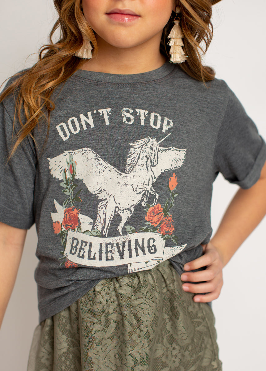 Don't Stop Believing Tee in Heather Slate-My Prom Time