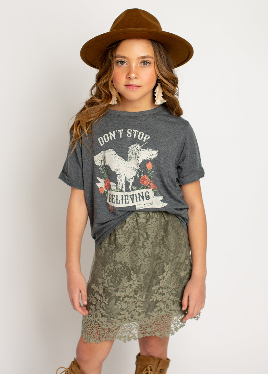 Don't Stop Believing Tee in Heather Slate-My Prom Time