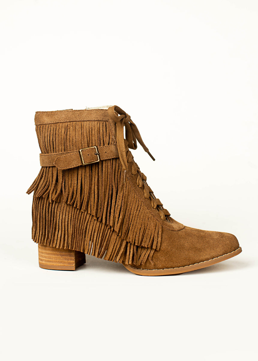 Nika Leather Fringe Boot in Pecan-My Prom Time