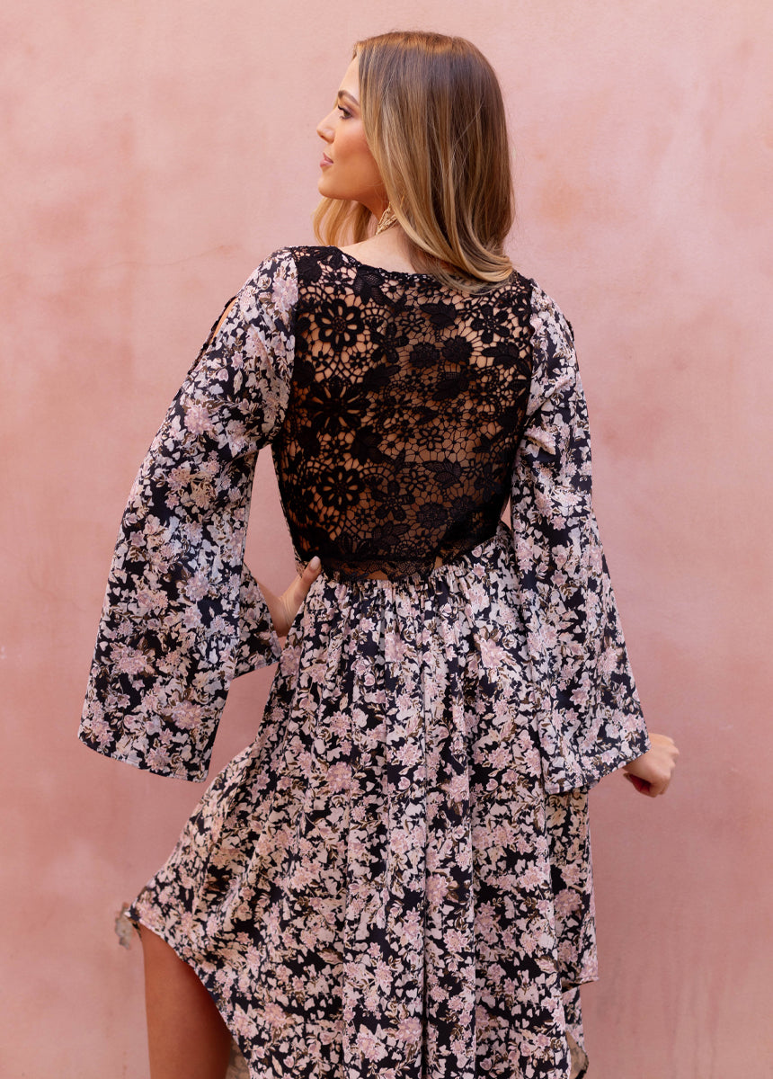 Connie Dress in Black Garden Floral-My Prom Time