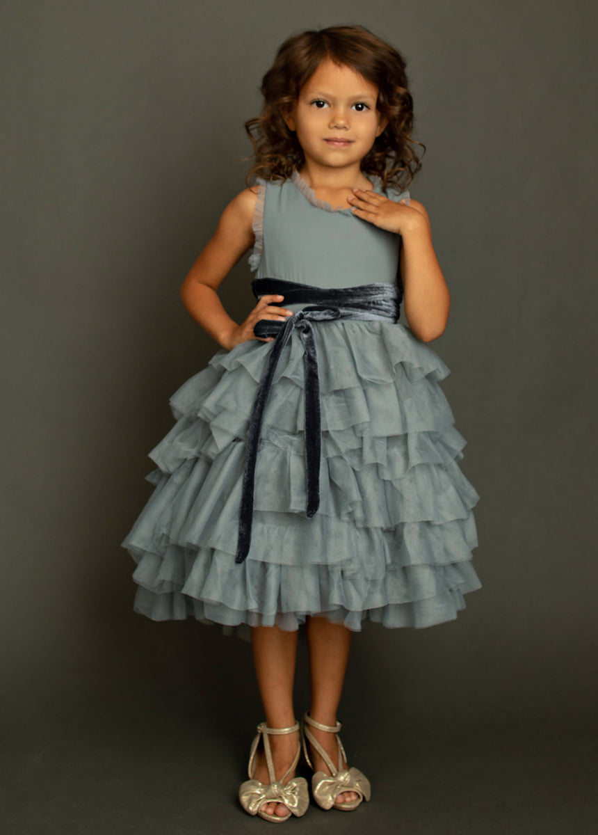 Geneva Petticoat Dress in Dusty Blue-My Prom Time