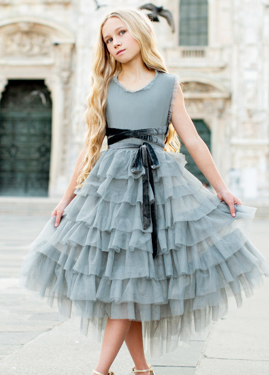 Geneva Petticoat Dress in Dusty Blue-My Prom Time