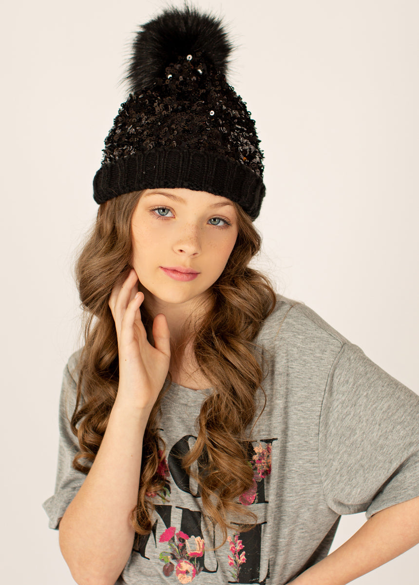 Chloe Sequins Beanie in Black-My Prom Time