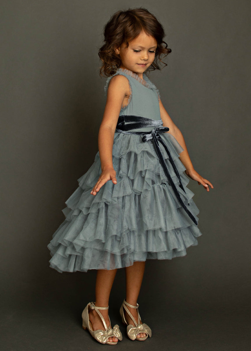 Geneva Petticoat Dress in Dusty Blue-My Prom Time