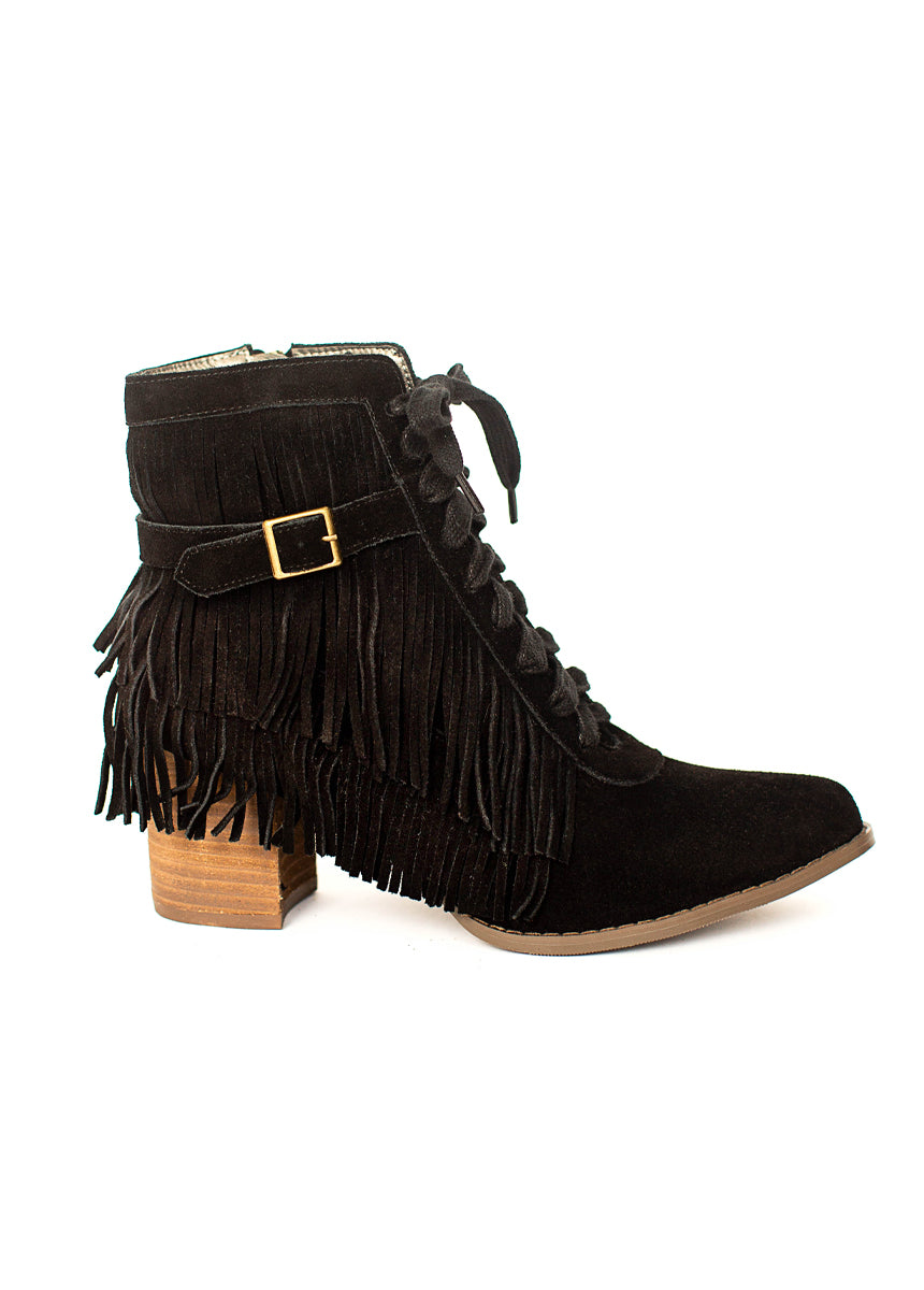 Nika Leather Fringe Boot in Black-My Prom Time