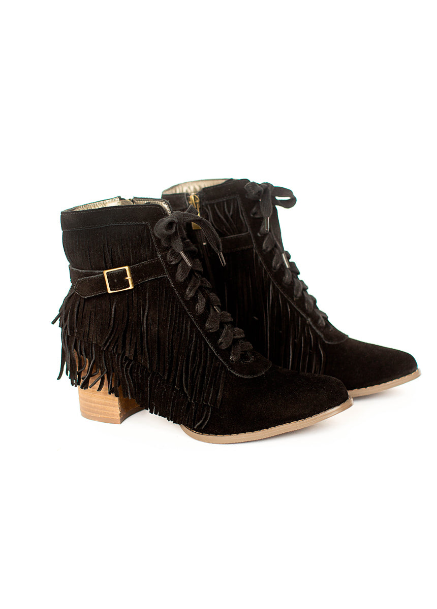 Nika Leather Fringe Boot in Black-My Prom Time