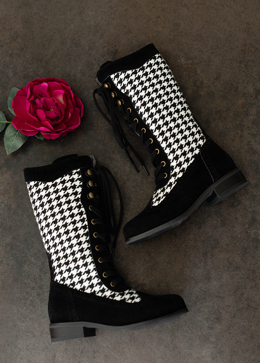 Keiko Tall Boots in Black Houndstooth-My Prom Time
