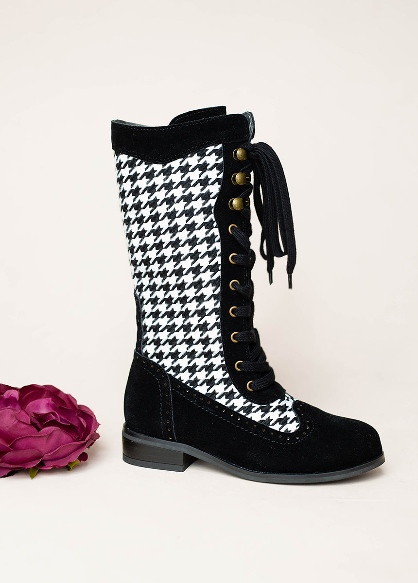 Keiko Tall Boots in Black Houndstooth-My Prom Time