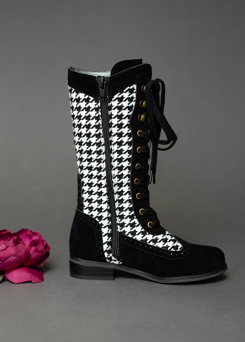 Keiko Tall Boots in Black Houndstooth-My Prom Time