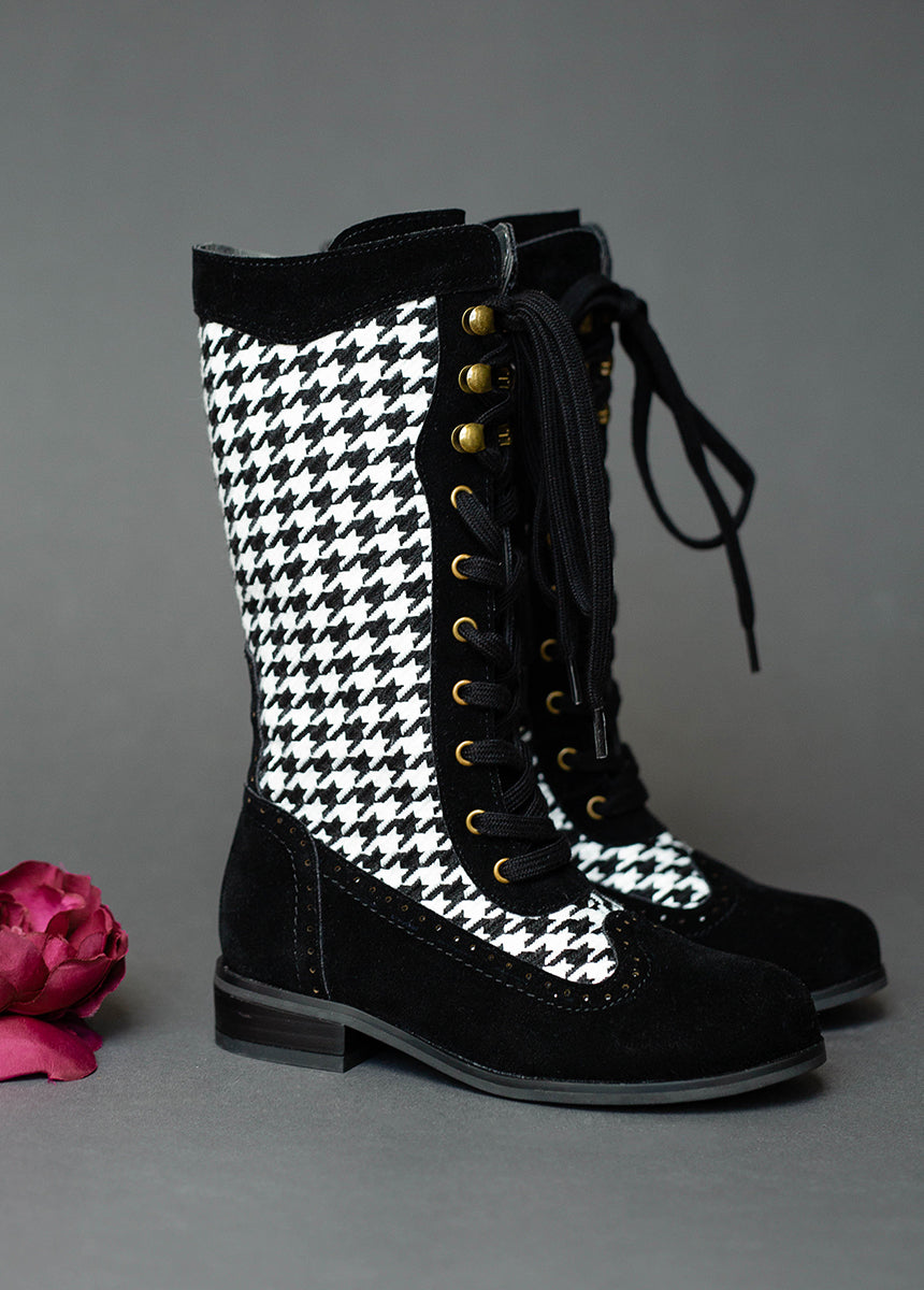 Keiko Tall Boots in Black Houndstooth-My Prom Time