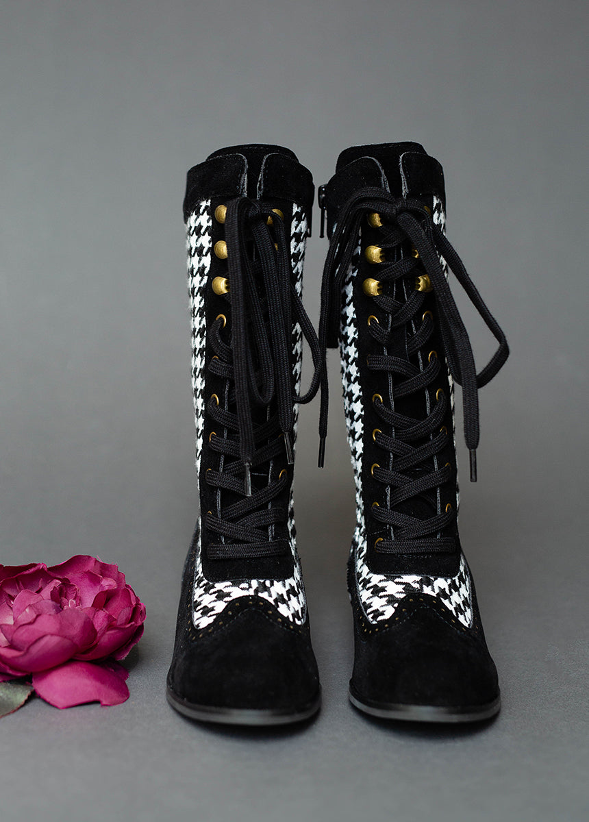 Keiko Tall Boots in Black Houndstooth-My Prom Time